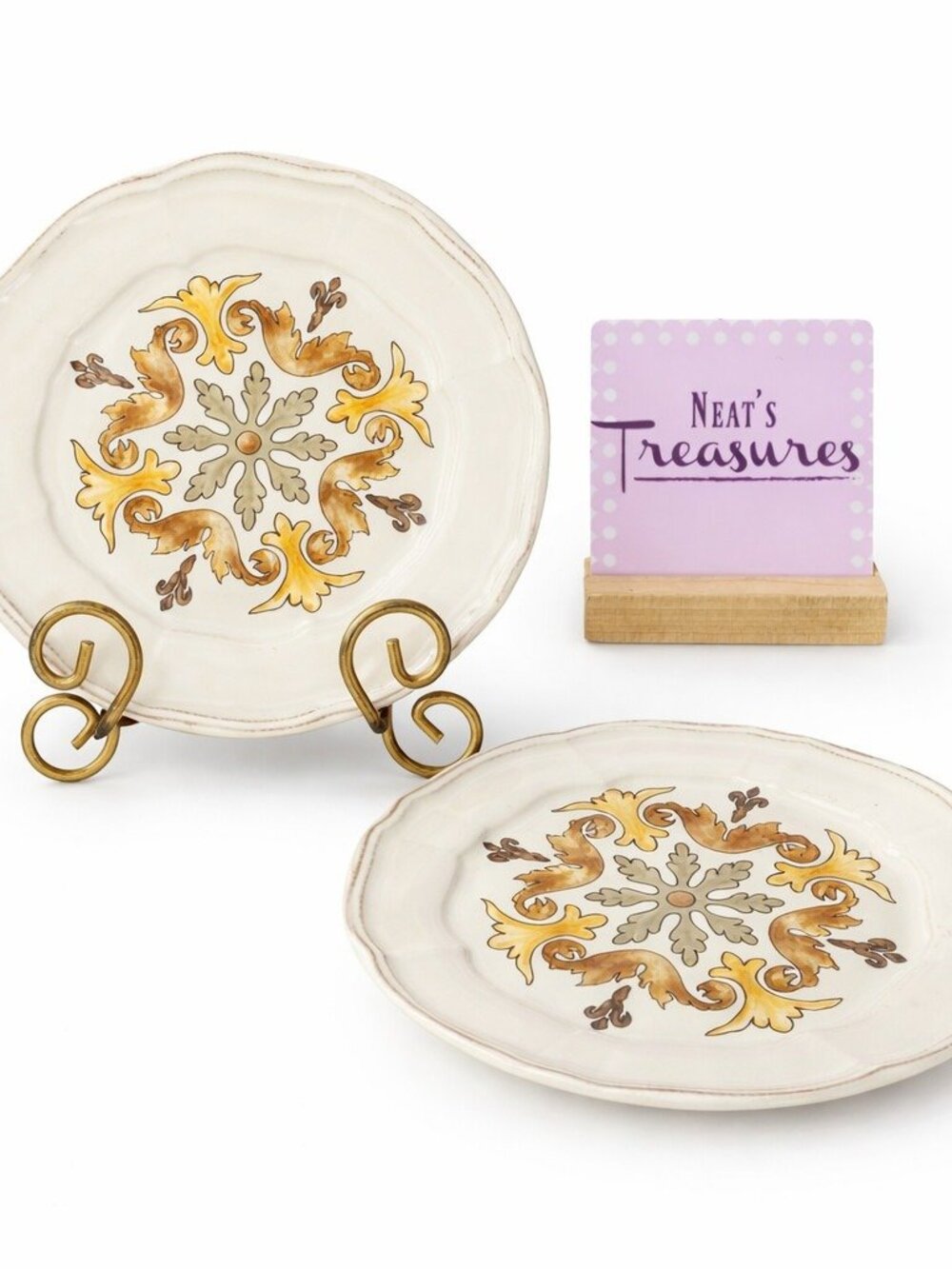 Noble Excellence TOSCANO CREAM Floral Stoneware Accent Salad Lunch Plates Set 2